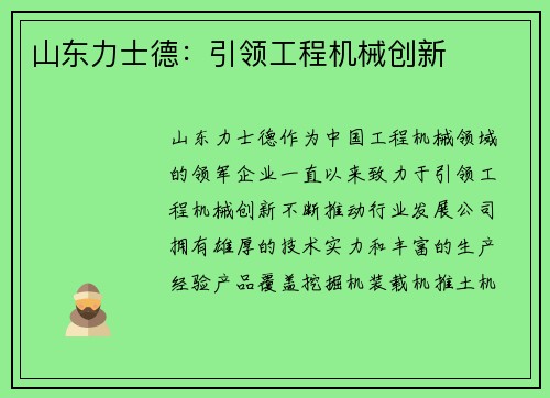 山东力士德：引领工程机械创新